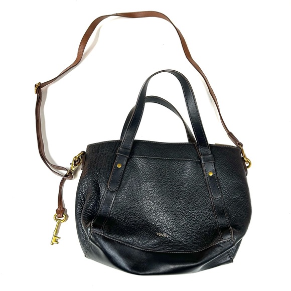 Fossil Women’s Handbag Crossbody Bag Medium Brown Black Leather Top Handle #3546